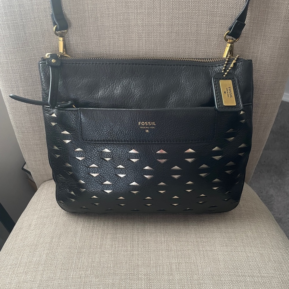 FOSSIL crossbody. Black leather with gold inserts.